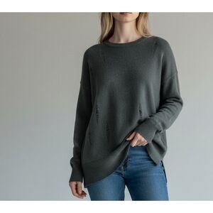 AQUA 100% Cashmere Distressed Sweater XS Green Slouchy Pullover Soft Knit